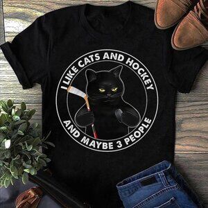 I Like Cats and Hockey Graphic T-Shirt – Funny Cat Hockey Tee (Size S)
